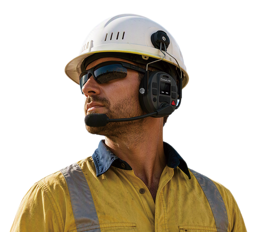 Worker wearing a CrewLink industrial wireless headset